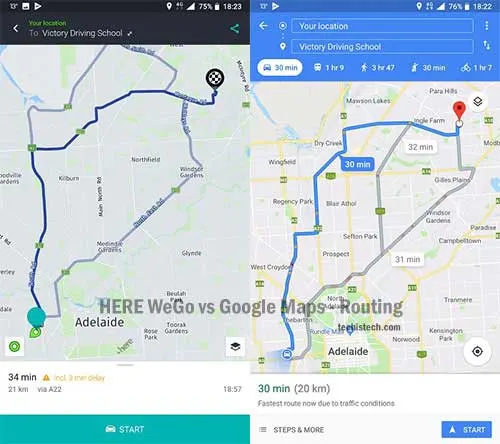 HERE WeGo vs Google Maps Routing