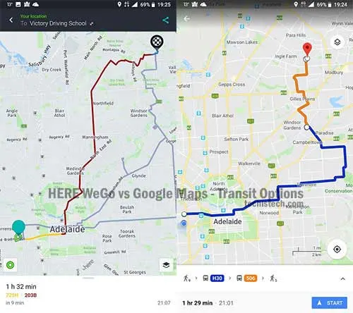 HERE WeGo vs Google Maps Transit Options