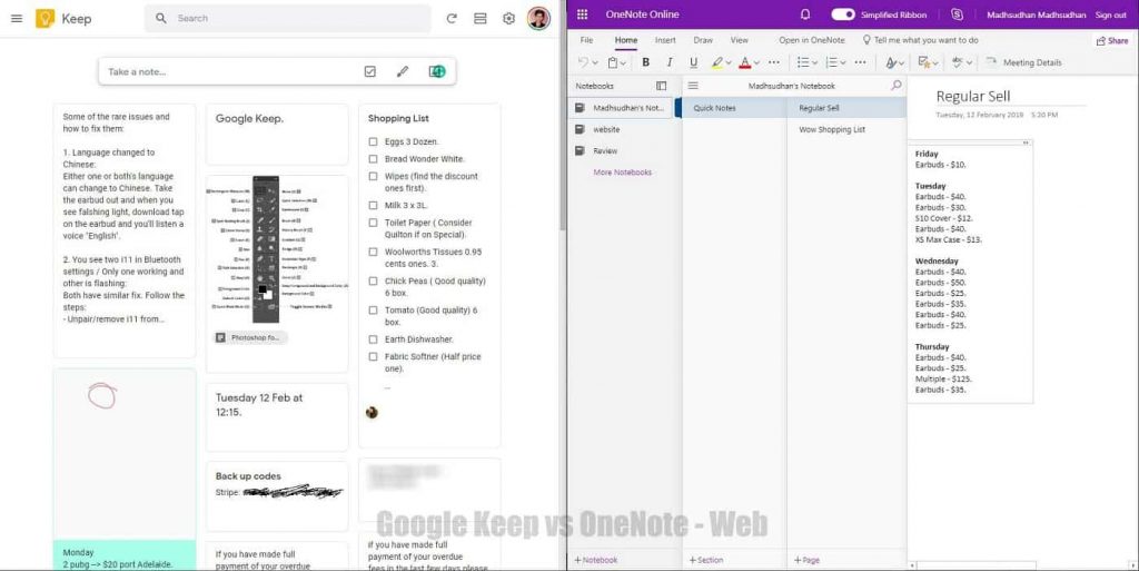 Google Keep and OneNote - Web