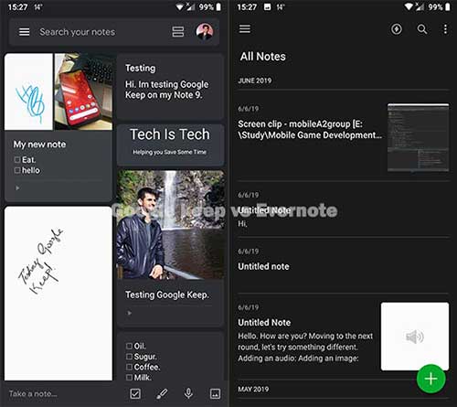 Screenshots of Google Keep and Evernote Mobile