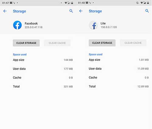 Facebook vs Facebook Lite Storage Comparison