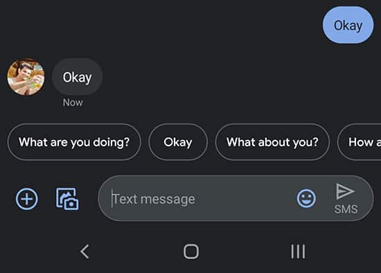 Screenshot of Google Messages Smart Reply