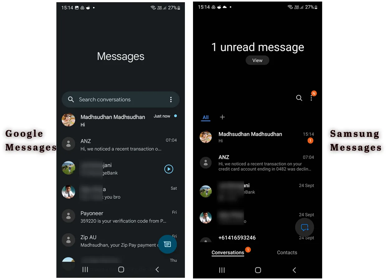 Google Messages and Samsung Messages Interface