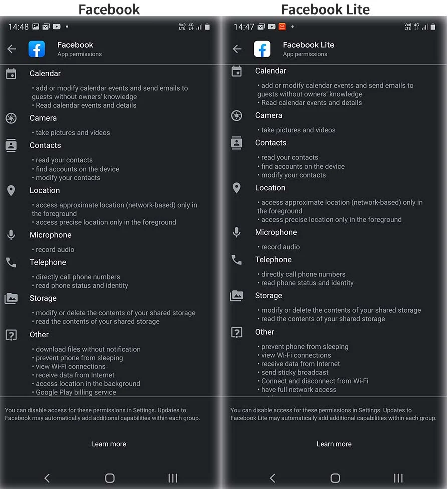 Facebook vs Facebook Lite Permissions