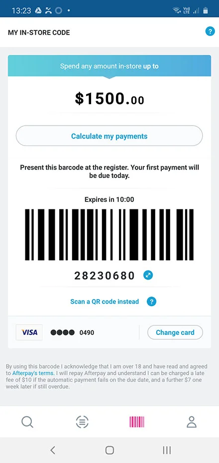 Barcode and Limit Afterpay