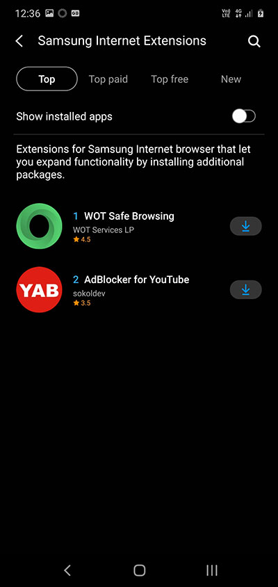 Add Ons - Samsung Internet
