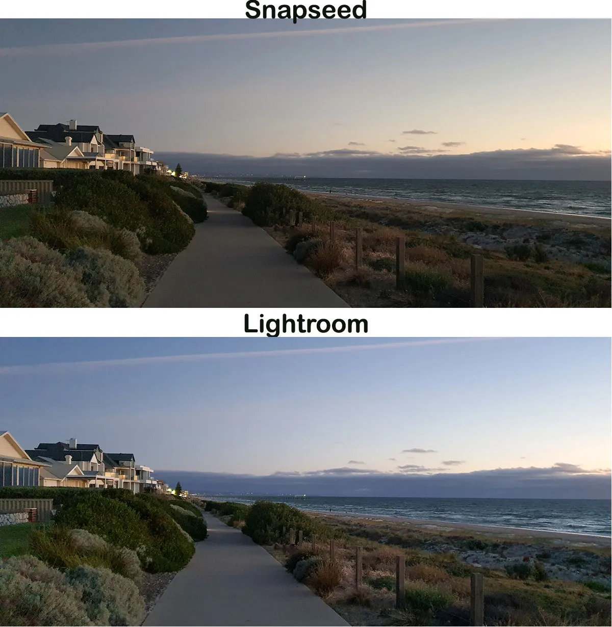Auto fix Comparison of Snapseed and Lightroom