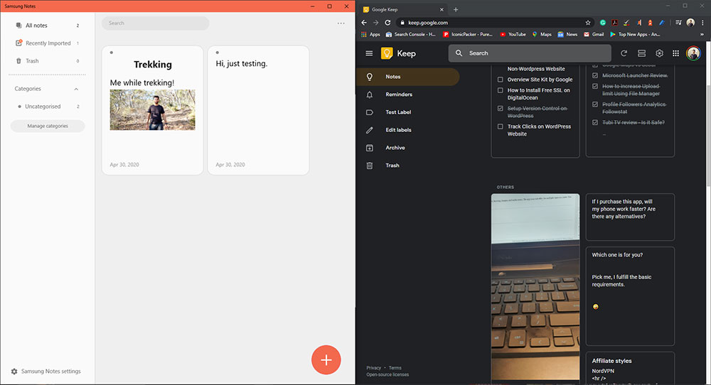 Samsung Notes vs Google Keep Web Interface