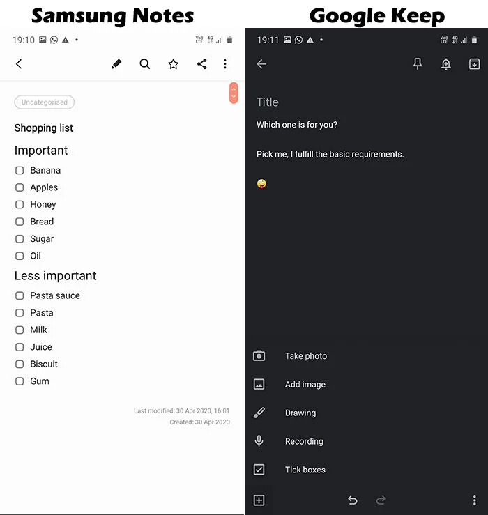 Samsung Notes or Google Keep