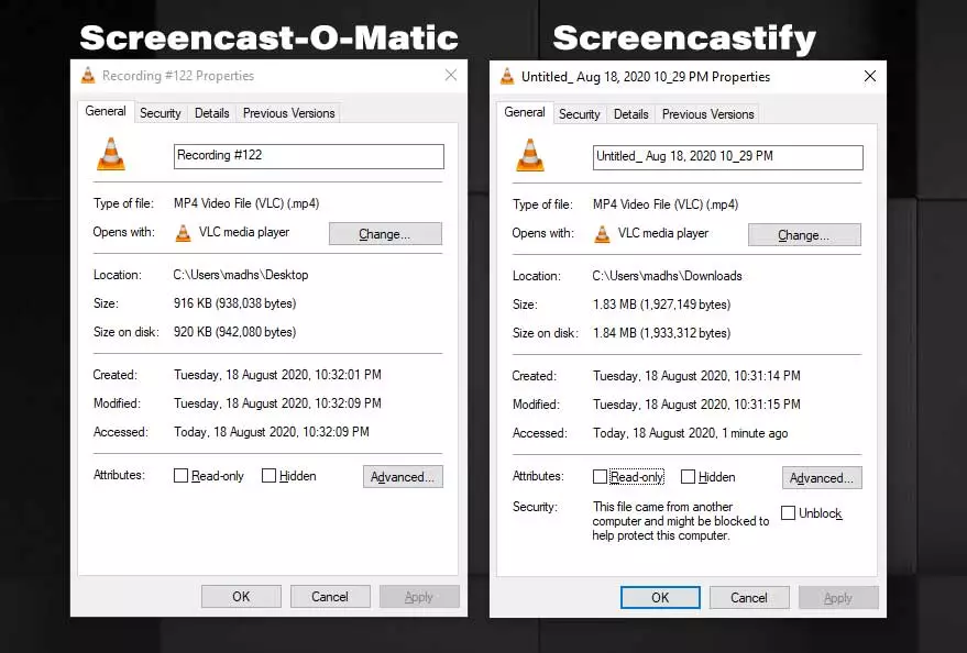 Screencast-O-Matic vs Screencastify Video Size Comparison