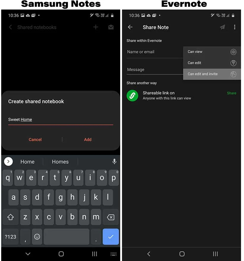 Sharing Features of Samsung Notes and Evernote