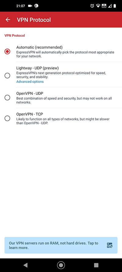 ExpressVPN Protocols on Android