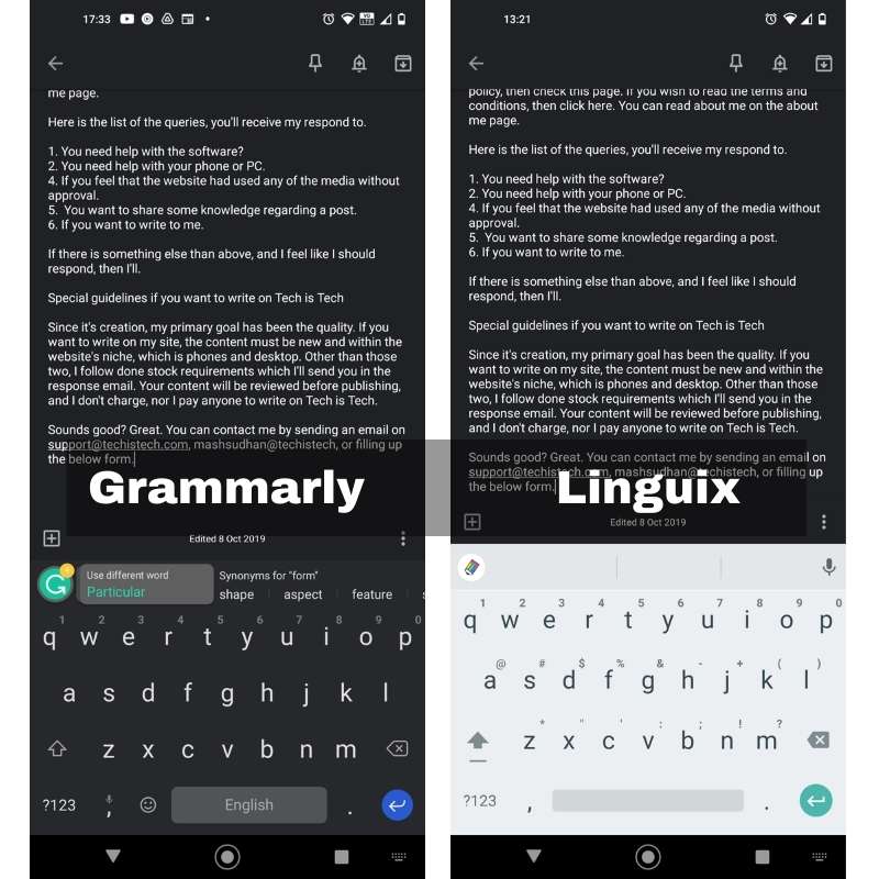 Grammarly Keyboard vs Linguix Keyboard