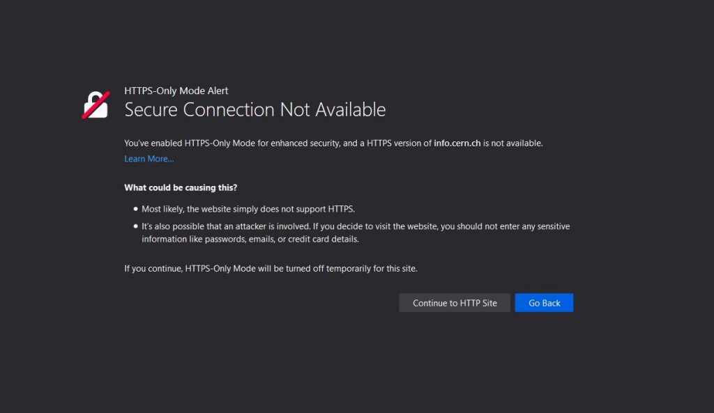 Firefox HTTPS Mode Alert