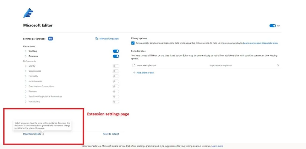 Mircosoft Editor Extension Settings Page