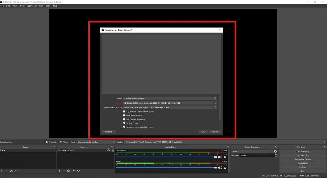 OBS Game Capture Window