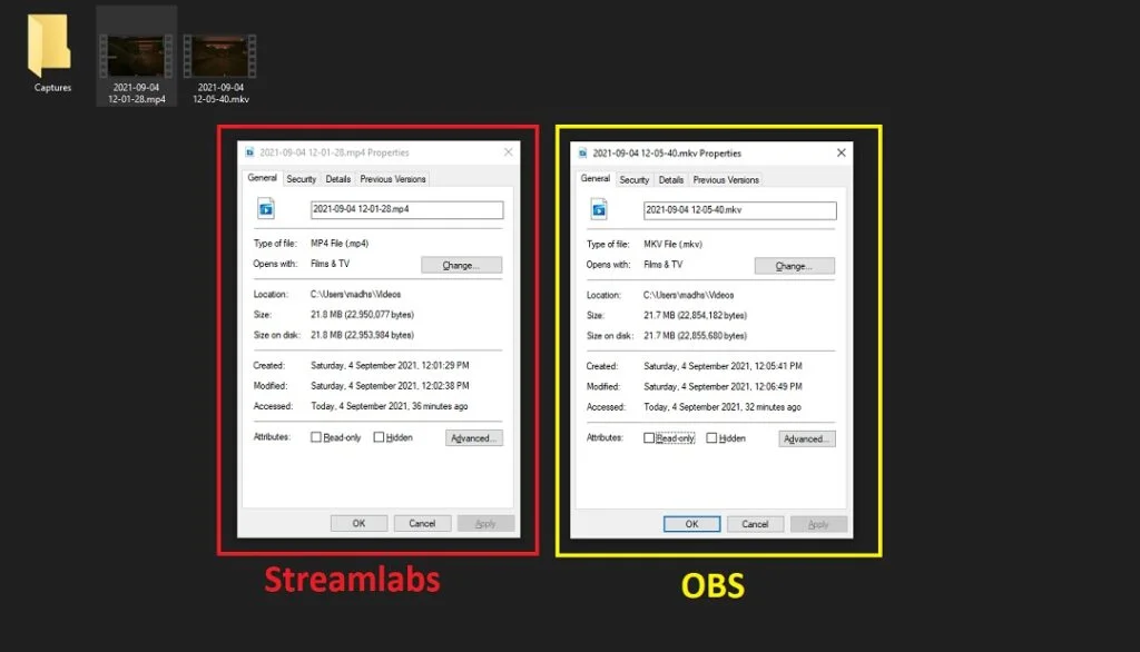 Recording File Size Comparison of Streamlabs and OBS