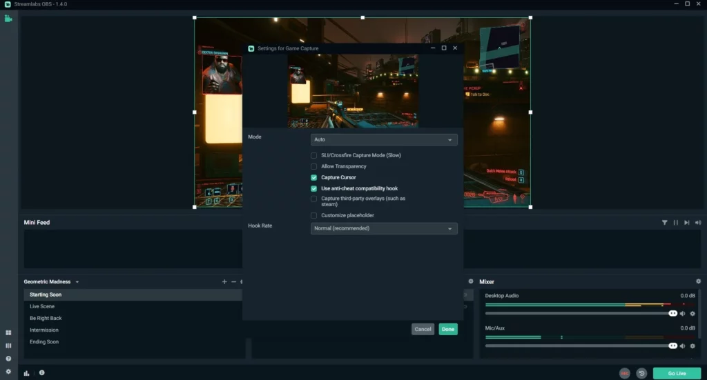 Streamlabs Game Capture Options