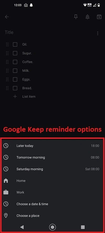 Google Keep Reminder Options