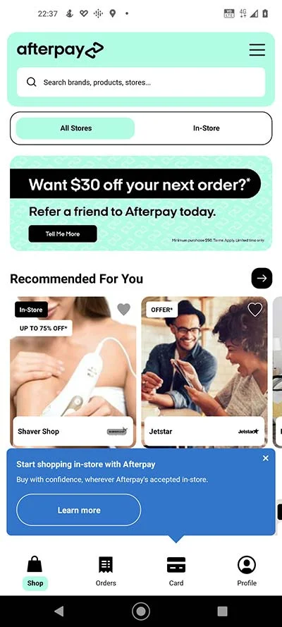 Afterpay App Interface