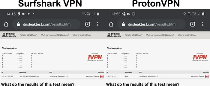 DNS Leak Test of Surfshark and ProtonVPN