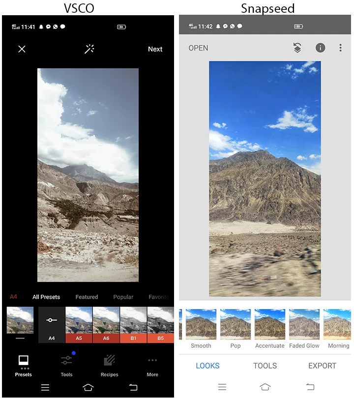 Interface of VSCO and Snapseed
