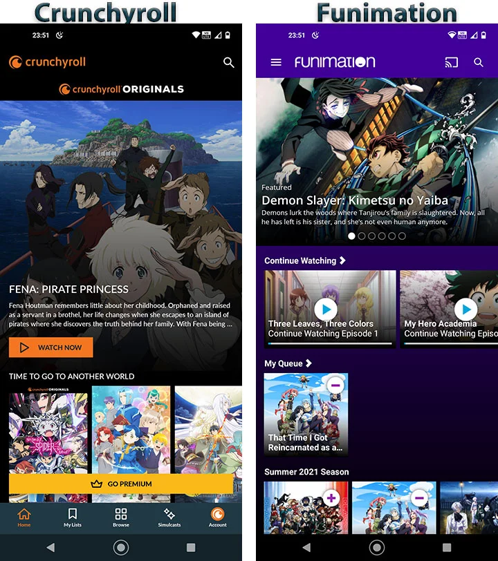 Mobile Apps of Crunchyroll and Funimation