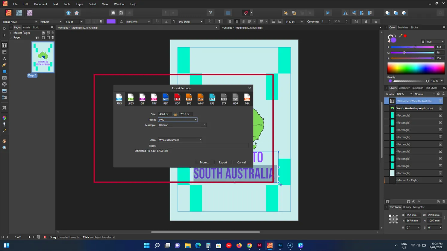 Exporting Menu of Affinity Publisher