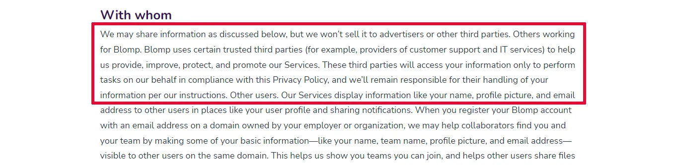 Blomp Privacy Policy on Sharing User Data