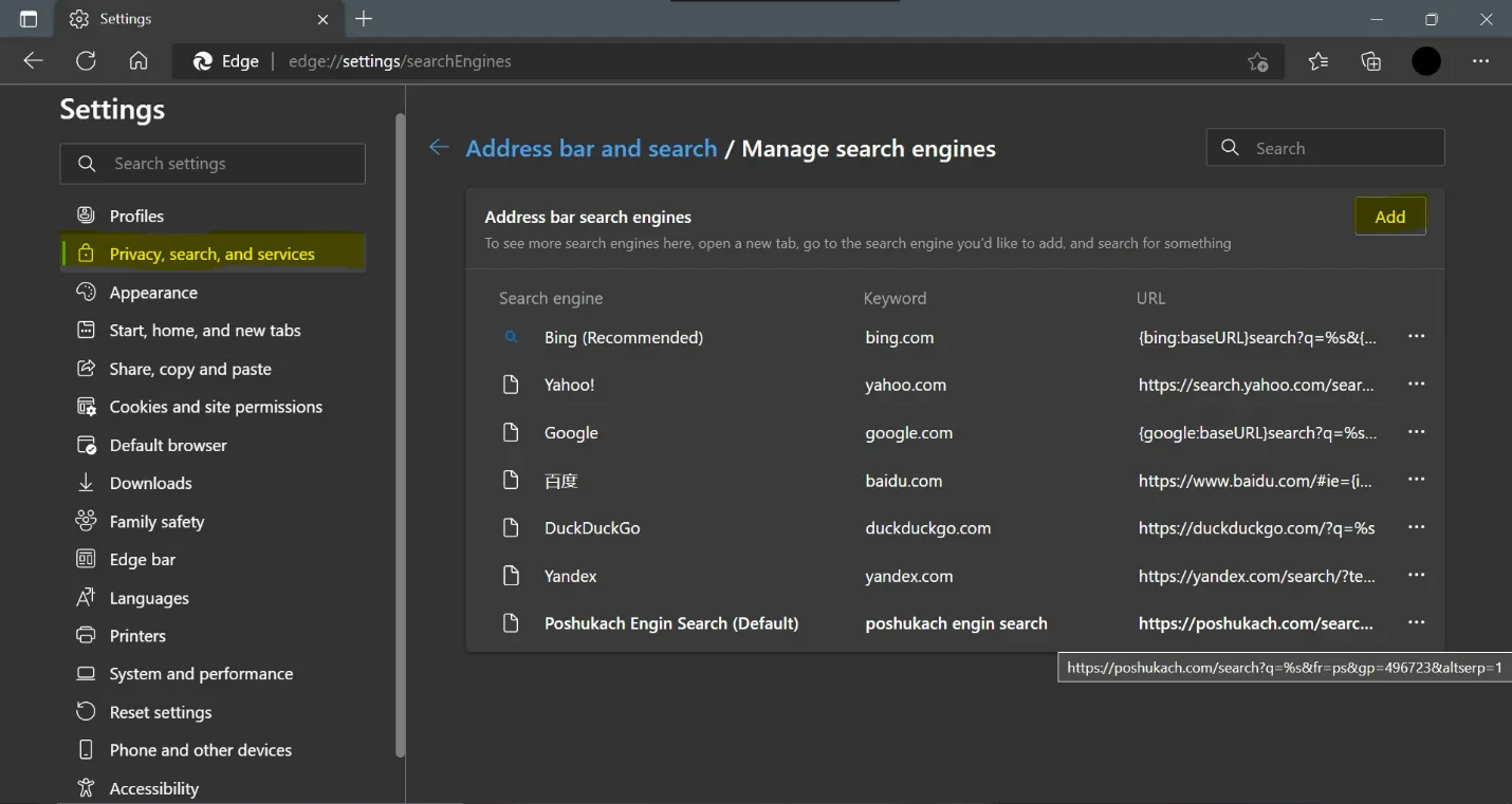 Search Engines in Microsoft Edge