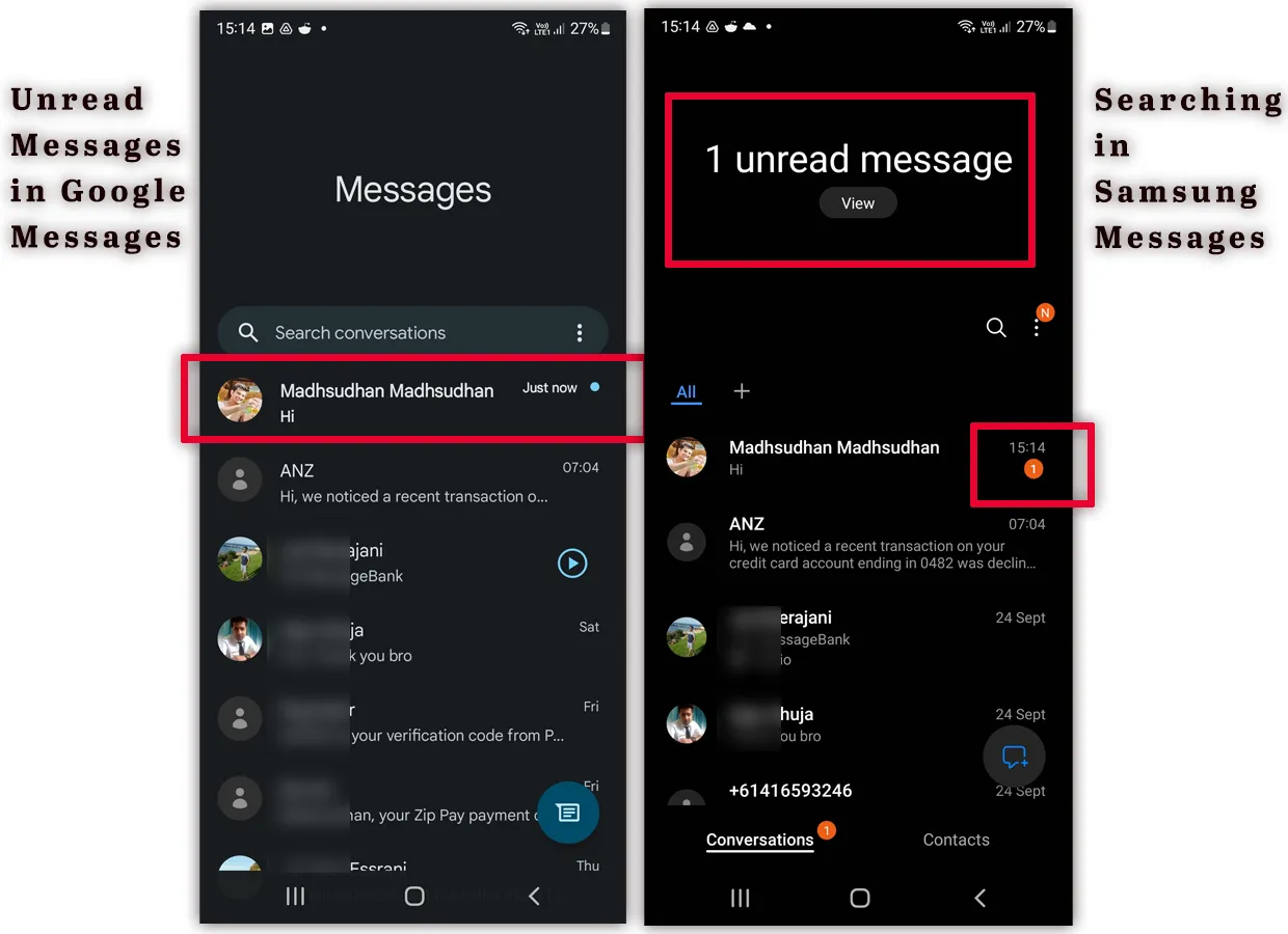 Unread Messages in Google Messages and Samsung Messages