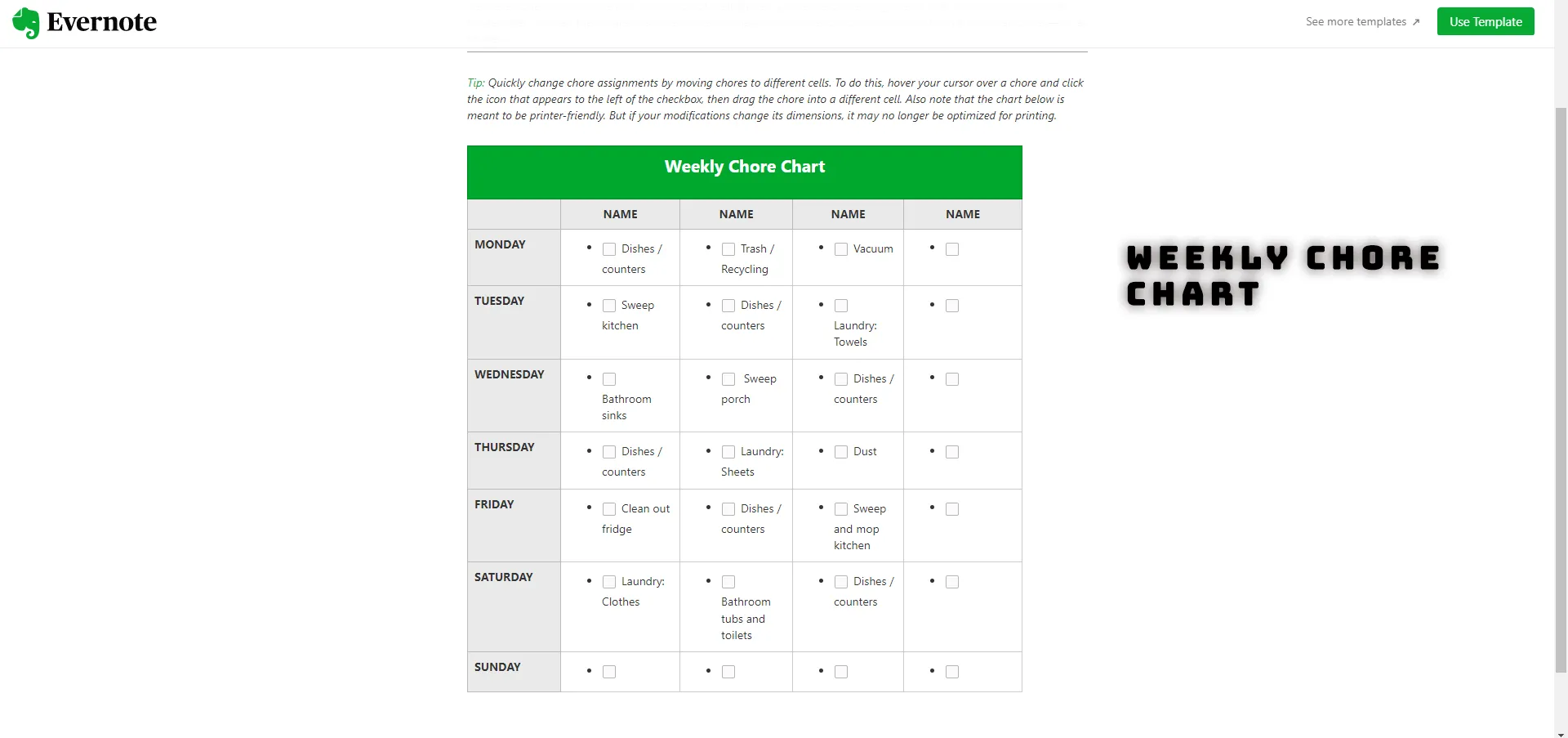 Weekly Chore Chart Template in Evernote