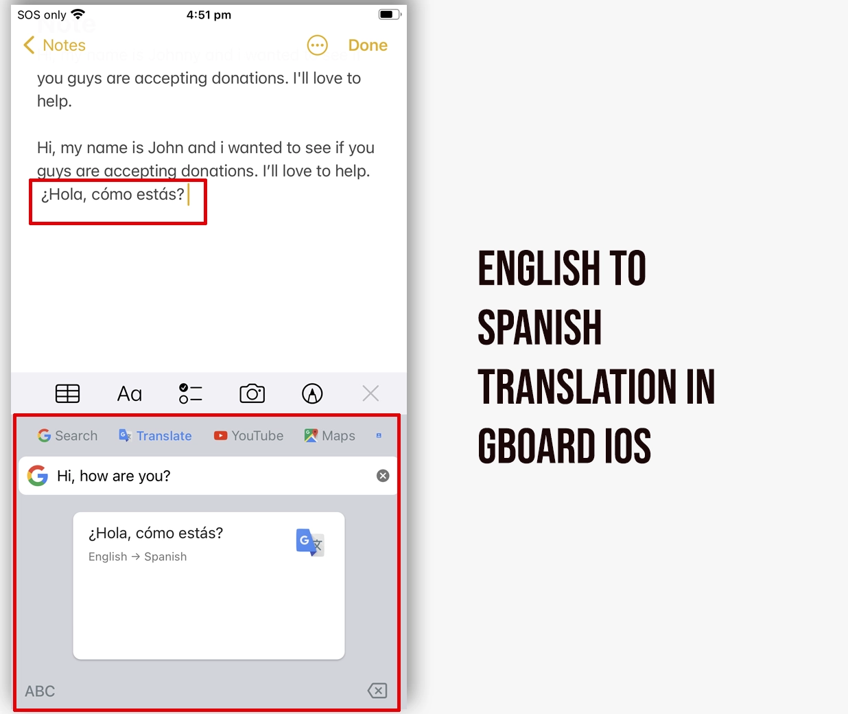 English to Spanish Translation in Gboard iOS