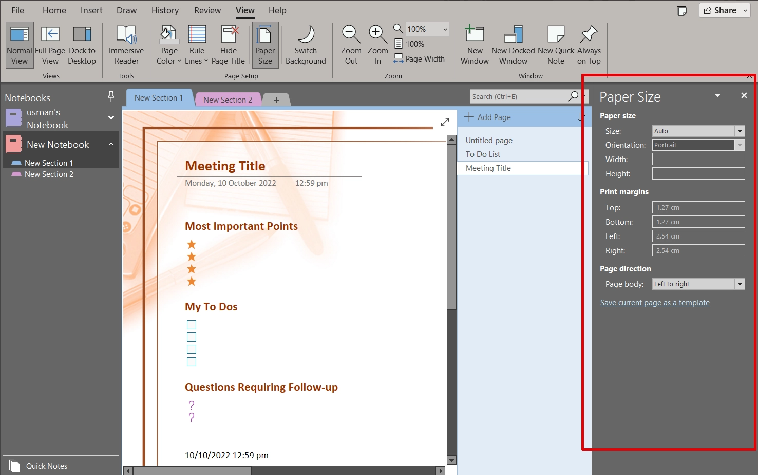 Page Setup in OneNote