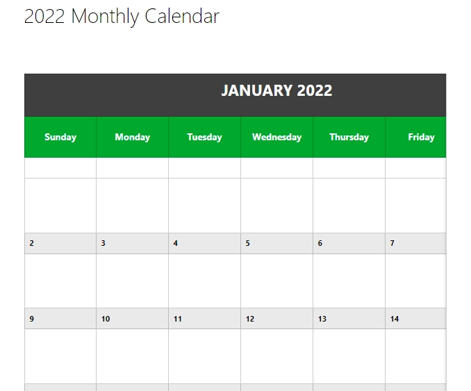 2022 Monthly Calendar Evernote Template