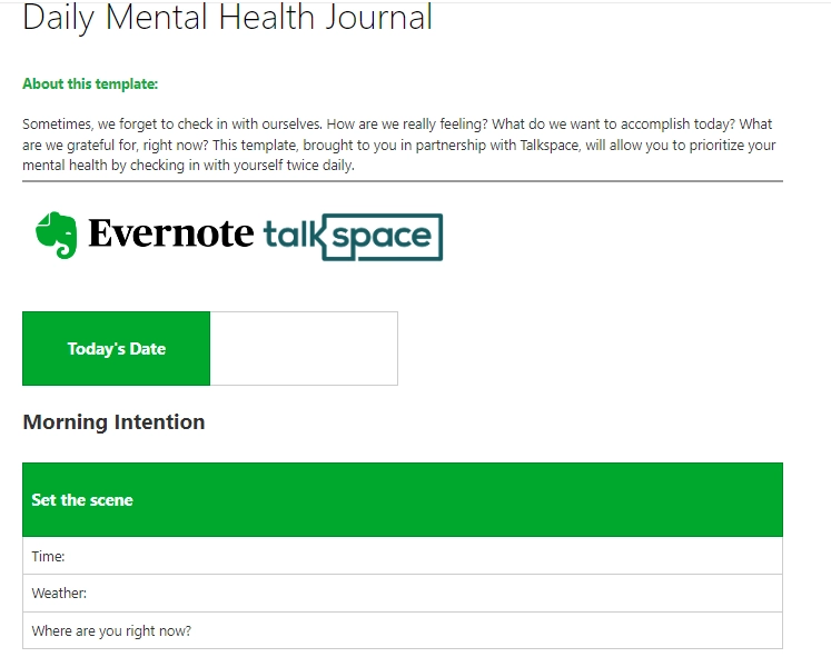 Daily Mental Health Journal Evernote Template