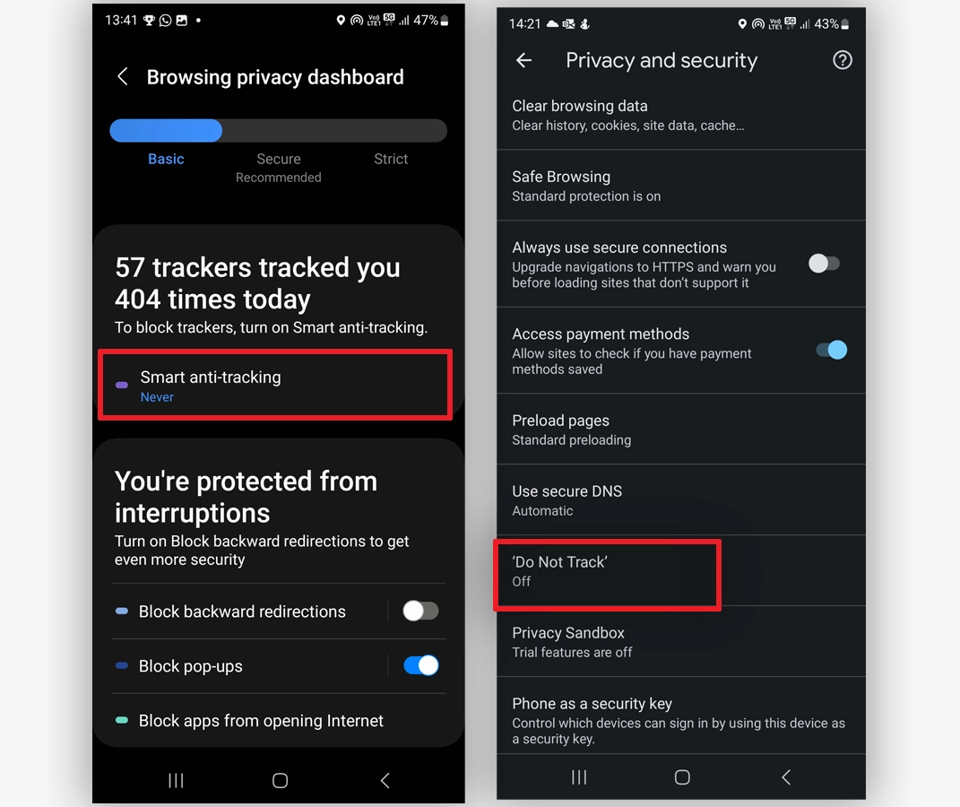 Privacy and Security in Samsung Internet and Google Chrome