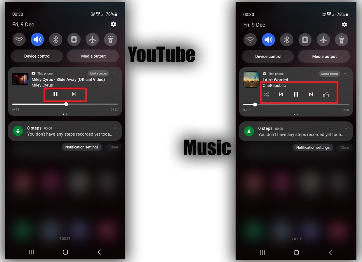 YouTube and Music in Notification Panel