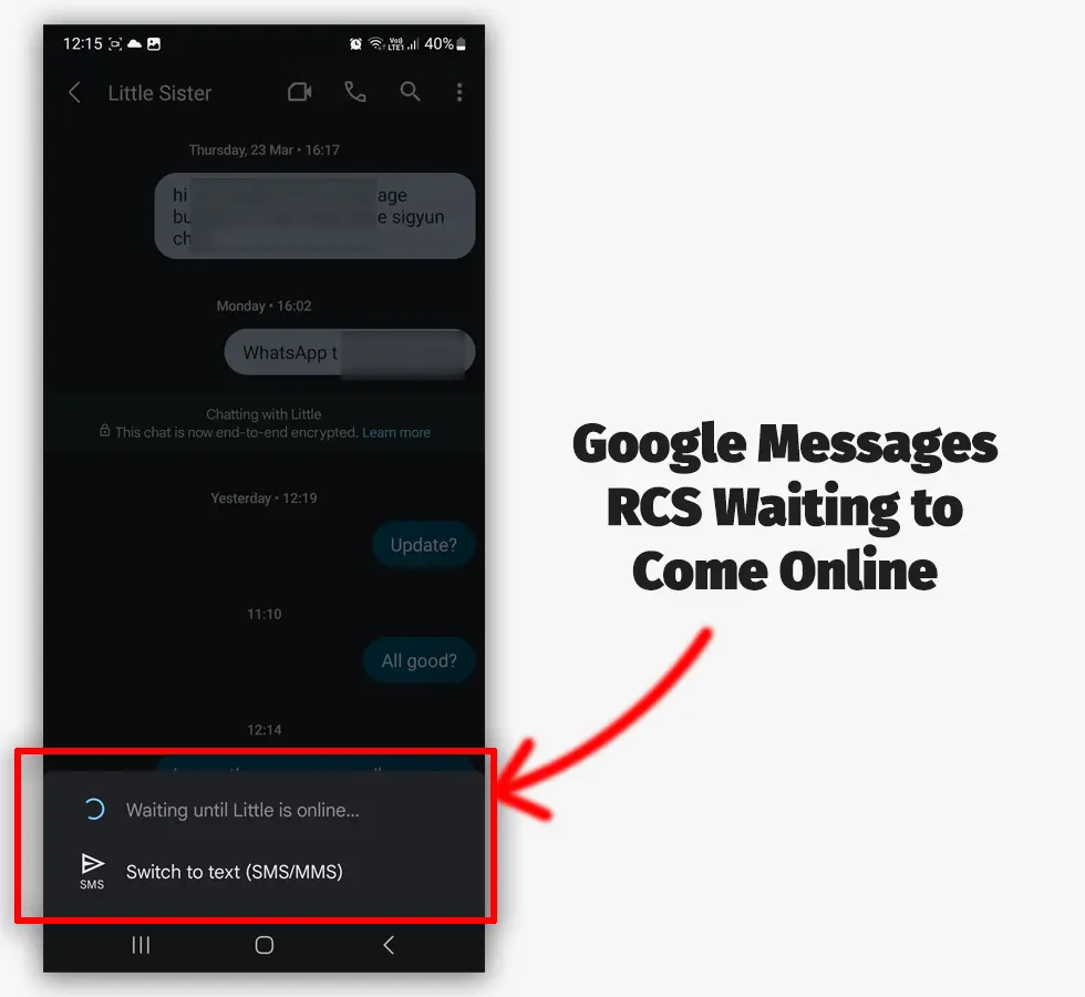 Google Messages RCS Waiting to Come Online Message