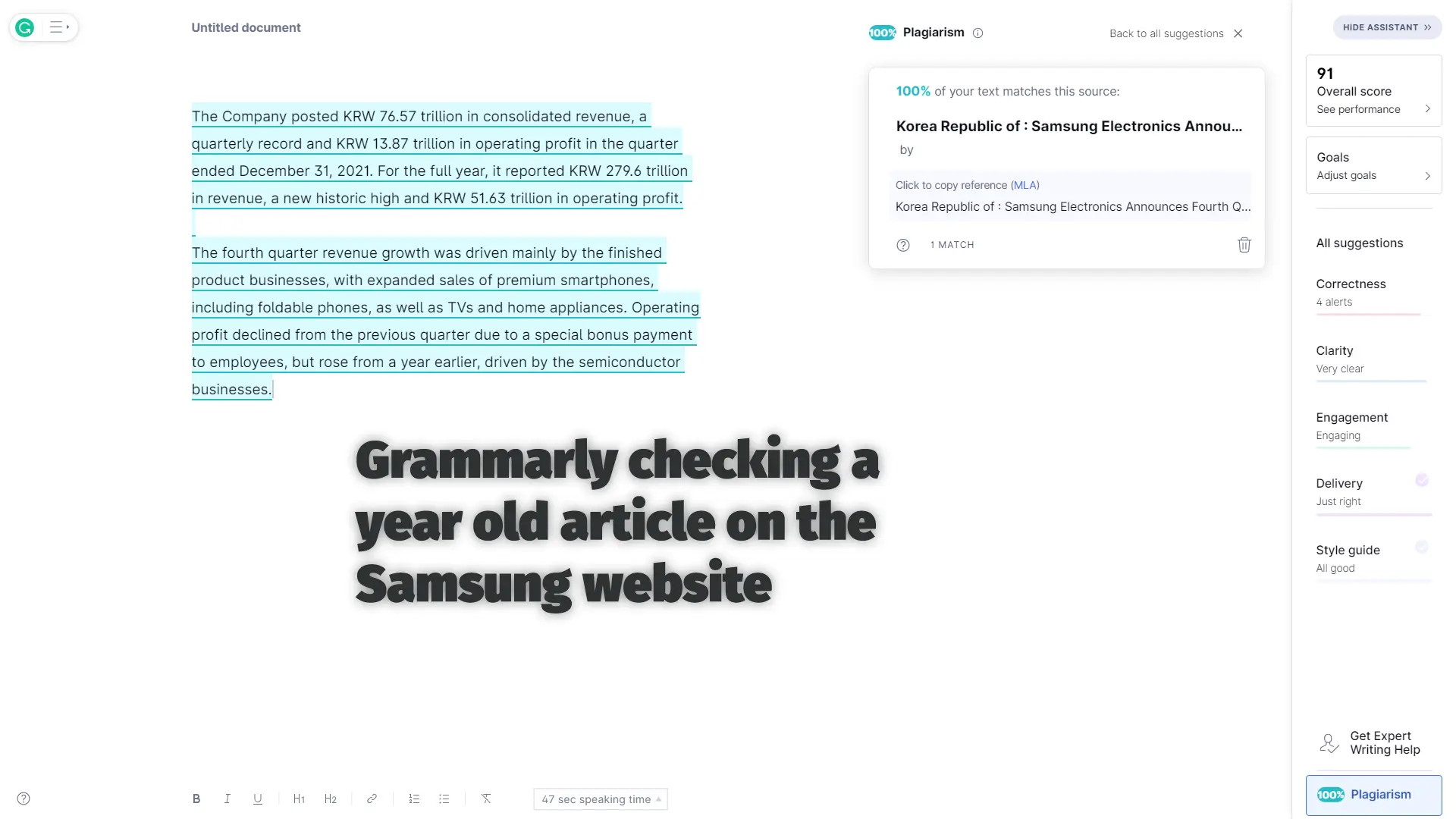 Grammarly Checking a Year Old Article on the Samsung Website
