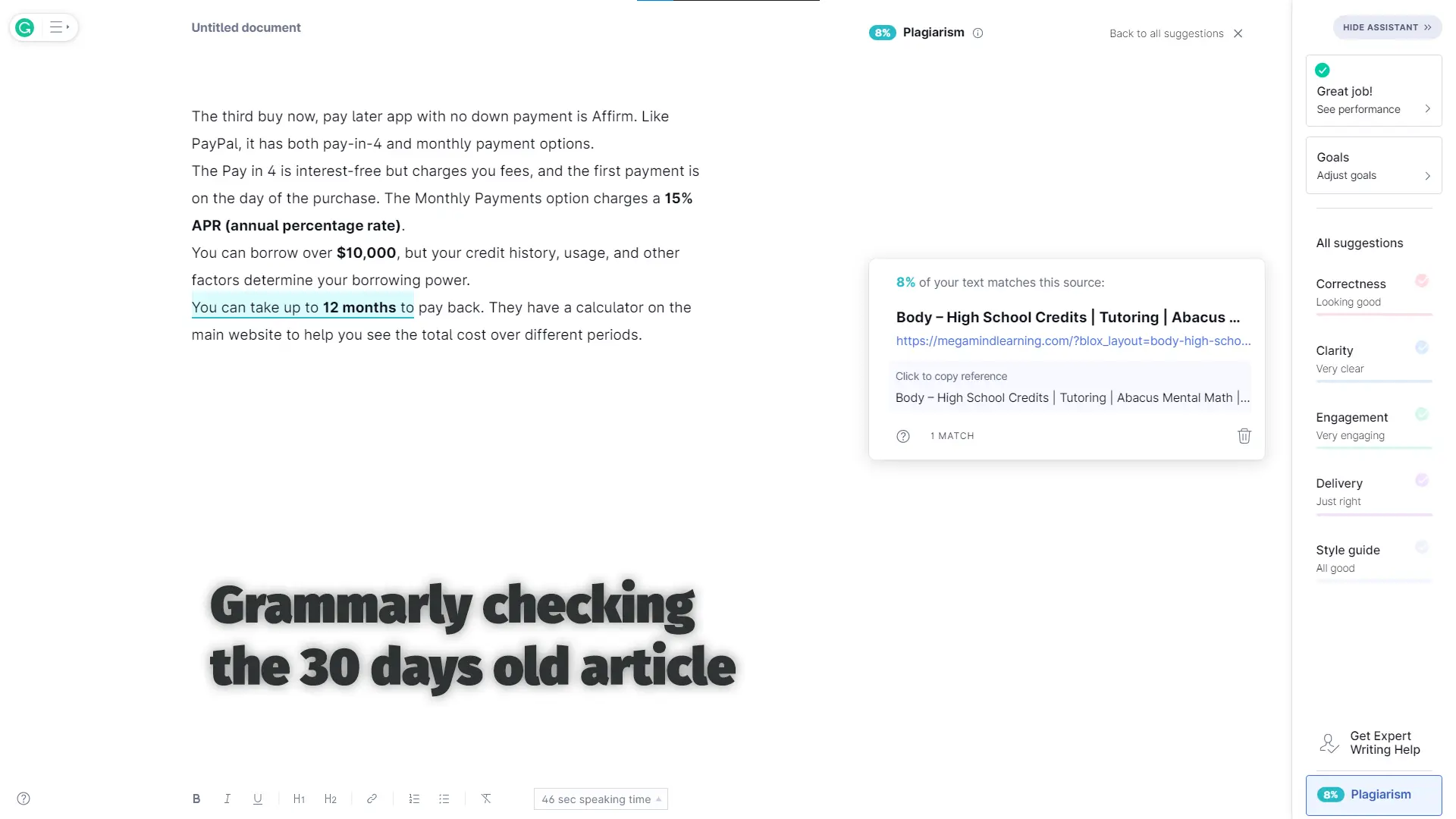 Grammarly Plagiarism Checker Checking a Month Old Article
