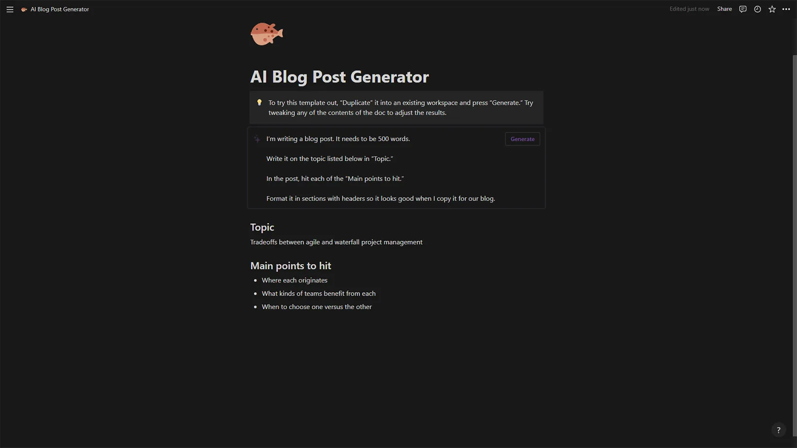 AI Blog Post Generator Notion Template