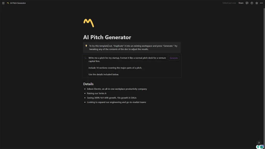 AI Pitch Generator Notion Template