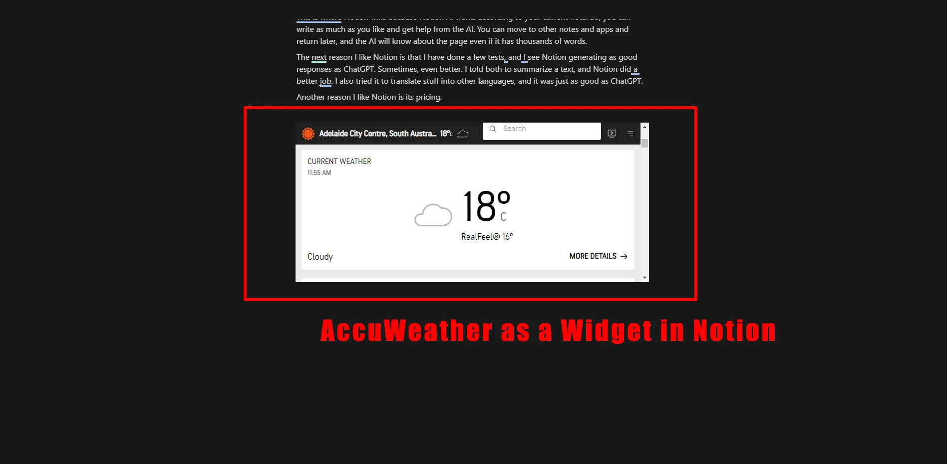 AccuWeather as a Widget in Notion