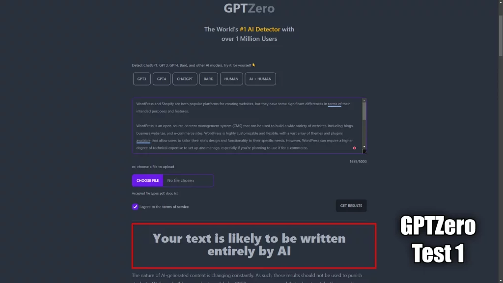 GPTZero ChatGPT Detection Test