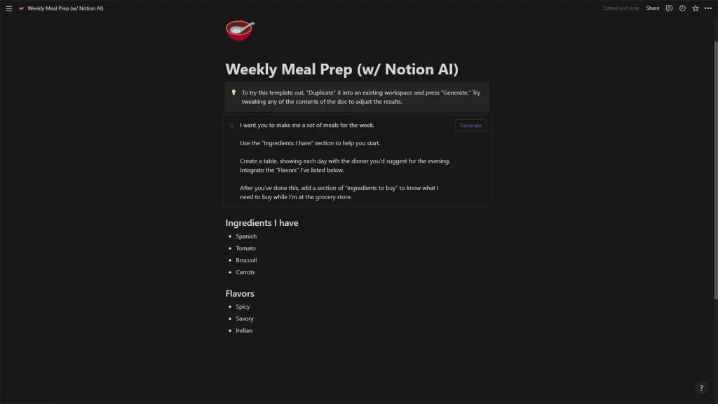 Weekly Meal Prep With Notion AI