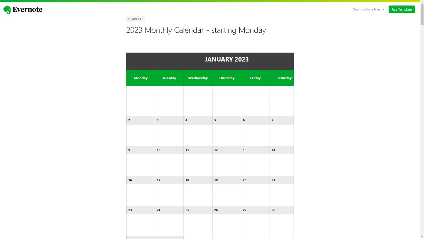 2023 Monthly Calendar Evernote Template