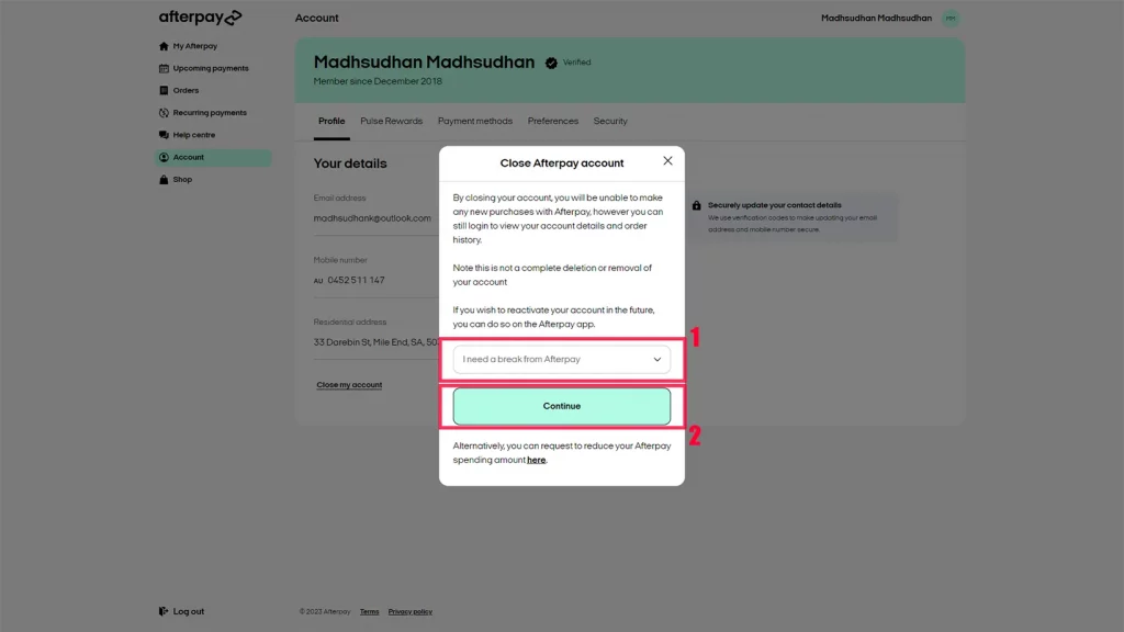 Closing Afterpay Account