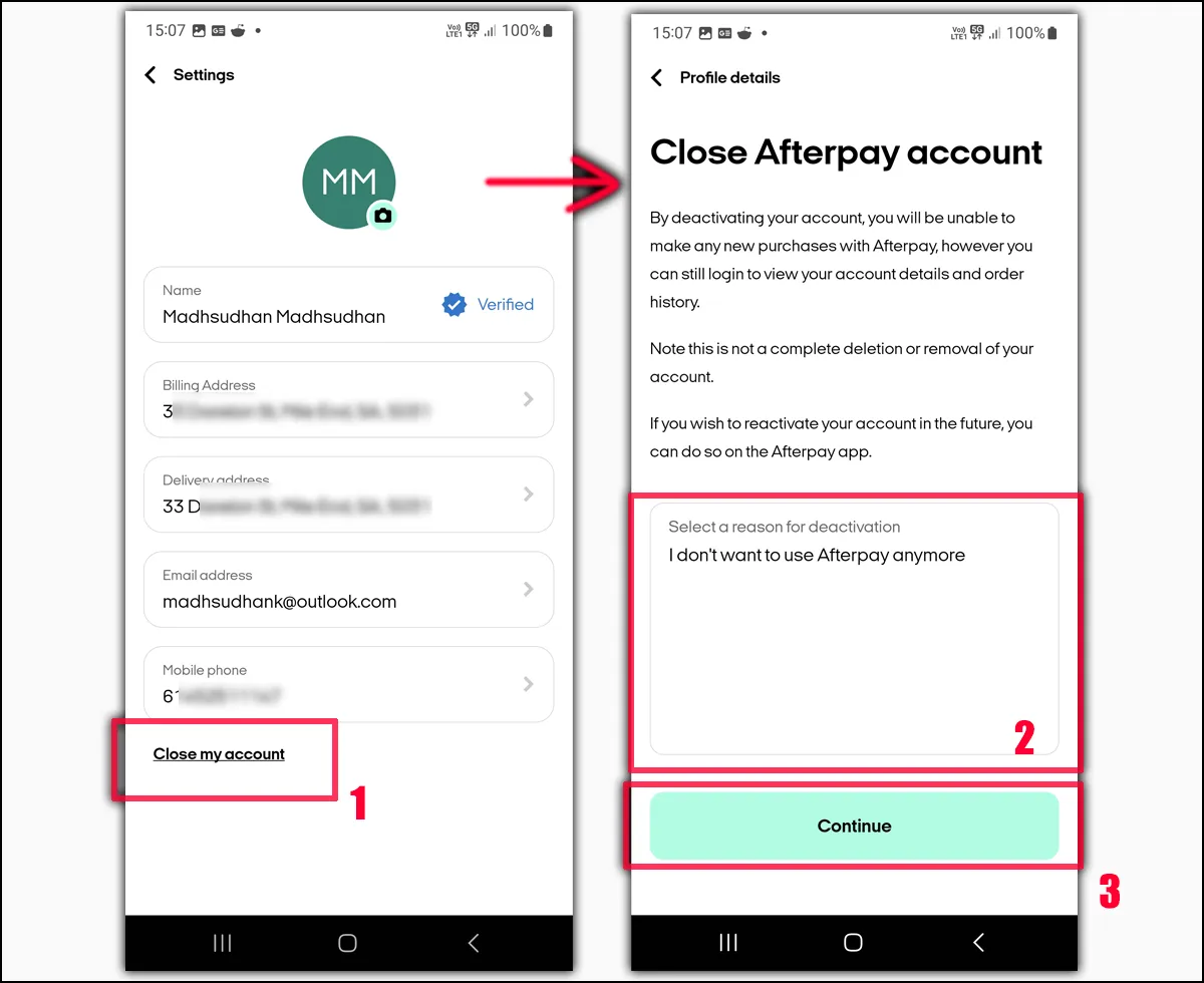 Closing Afterpay Account in the App