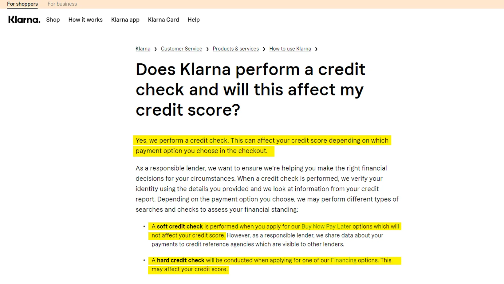 Klarna UK on Credit Score